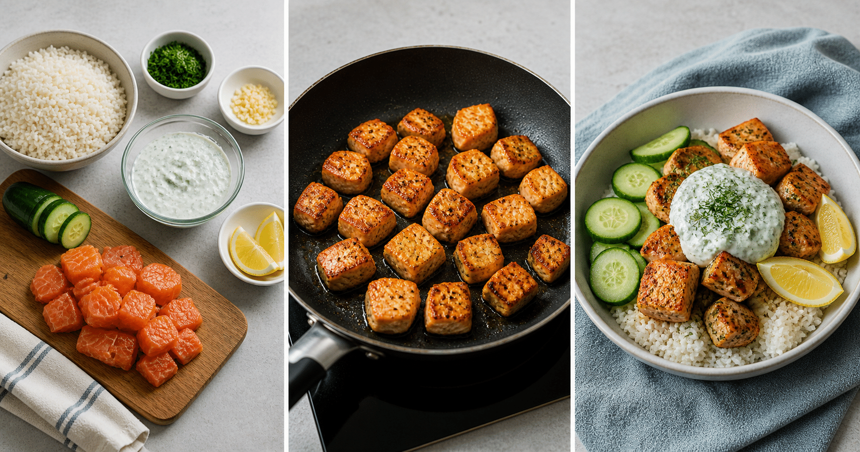 20-Minute Salmon Rice Bowls With Cucumber and Yogurt Sauce